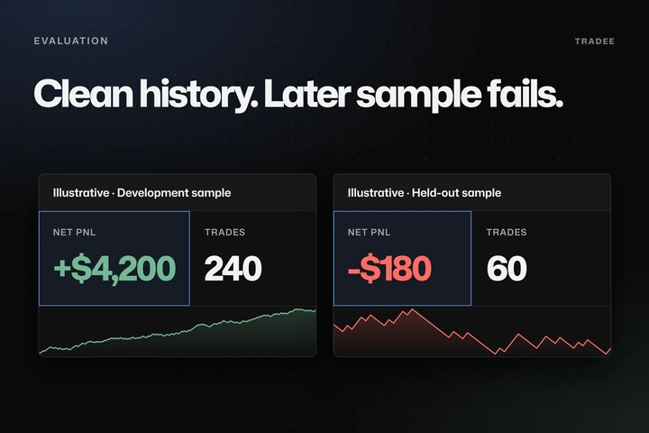 A development sample making 4,200 dollars beside a held-out sample losing 180 dollars